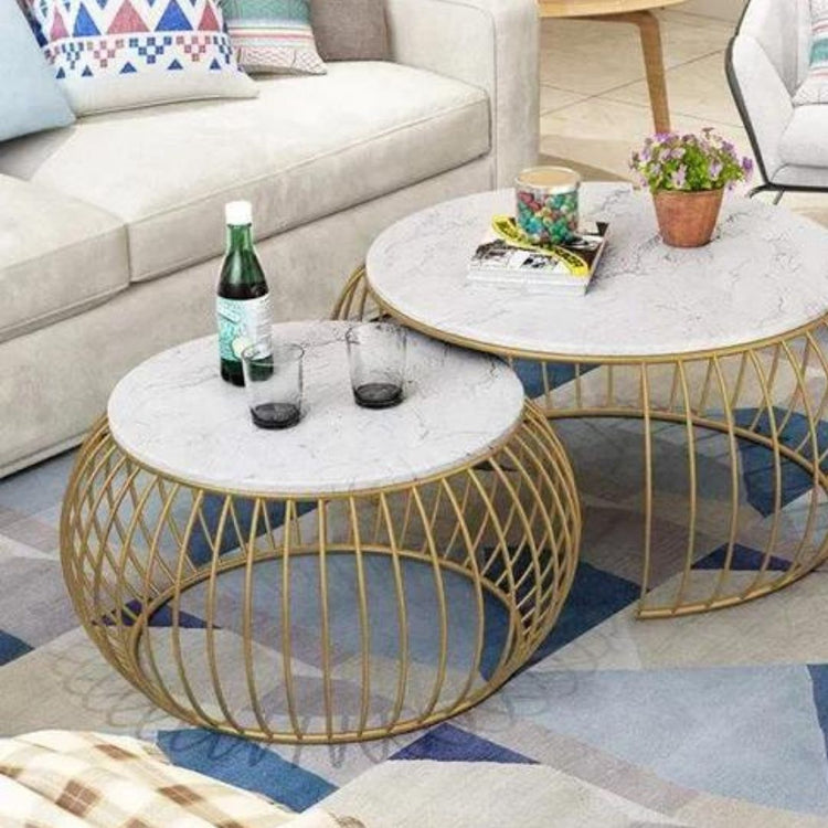 Round White Marble Coffee Table with Gold plating for Guest Room-Hansart, Tables, Designer Tables by Hans Art Specifications: Large-Top: 18x18 In, Height: 18 In Small-Top: 16x16 In, Height: 16 In Marble Top Table and Metal body base (Rust Free) Premium Quality Metal Construction Hand Crafted Tables Best for your living room, drawing room, guest room, hall and reception The product is packed by professionals for safe delivery Designed to make your home look complete "Hansart Made In India"