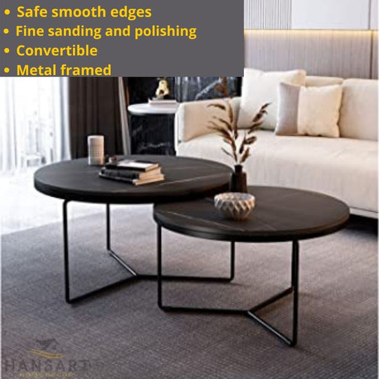 Round Black Designer Table - Set of 2-Hansart, Tables, Designer Tables by Hans Art Specifications: Large-Top: 24 x 24 Inches, Height: 16 Inches, Small-Top: 20 x 20 Inches, Height: 14 Inches The top of the product is made of laminate material on MDF. Metal body base (Rust Free) Premium Quality Metal Construction Hand Crafted Tables Best for your living room, drawing room, guest room, hall and reception The product is packed by professionals for safe delivery Designed to make your home look complete "Hansart
