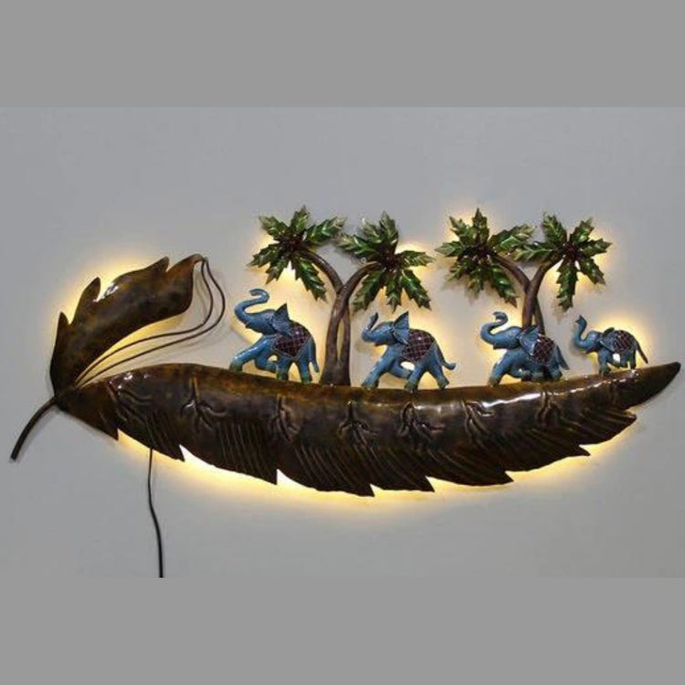 Elephant Family Wall Décor in Forest with LED (51 x 22 Inches)-Home Decoration-Hansart-Wildlife Metal Wall Decor by Hansart-Made of Premium-Quality Iron Metal-Perfect for your living room, bedroom, hall, office reception, guest room, and hotel reception-The product is packed by professionals for safe delivery-Designed to make your home look complete-"Hansart Made In India because India itself is an art".