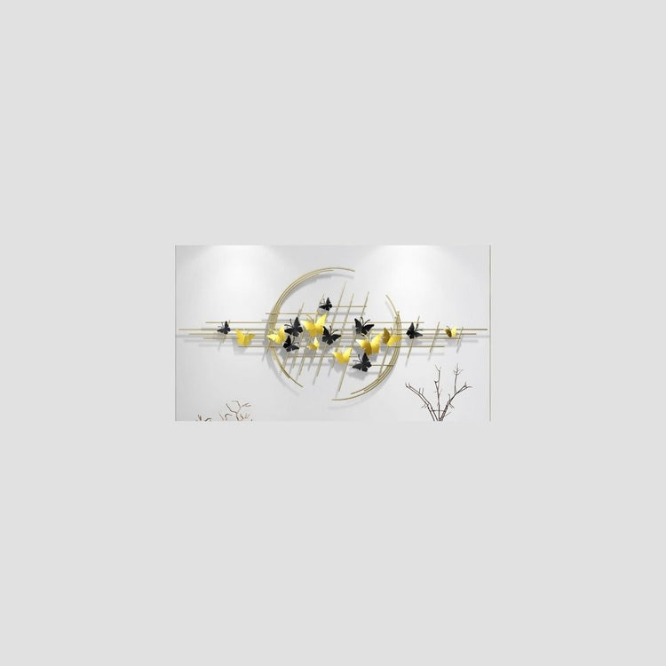 Yellow N Black Butterflies In Ring Metal Wall Art (50 x 24 Inches)-abstract wall art-Hansart-abstract metal wall art-Made of Premium-Quality Iron Metal-Perfect for your living room, bedroom, hall, office reception, guest room, and hotel reception-The product is packed by professionals for safe delivery Designed to make your home look complete-"Hansart Made In India because India itself is an art".