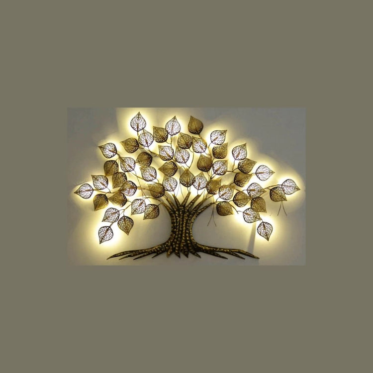 Metal Golden Leaf Pan Tree With LED Lights (58 x 38 Inches)-Home Decoration-Metal Wall Tree by Hansart Made of Premium-Quality Iron Metal Perfect for your living room, bedroom, hall, office reception, guest room, and hotel reception The product is packed by professionals for safe delivery Designed to make your home look complete "Hansart Made In India because India itself is an art".