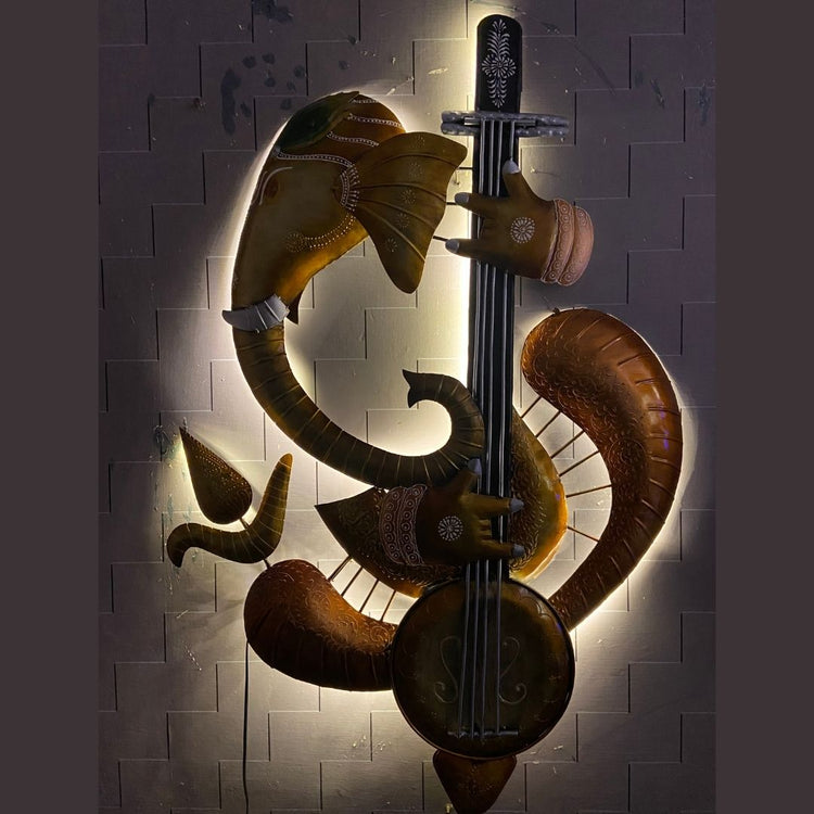 Ganeshji Playing Sitar Metal Wall Art for Living Room (36x53 Inches)-Naren Impex-Hans Art-Metallic Traditional Wall Decor by Hansart-Made of Premium-Quality Iron Metal Perfect for your living room, bedroom, hall, office reception, guest room, and hotel reception-The product is packed by professionals for safe delivery-Designed to make your home look complete-"Hansart Made In India because India itself is an art".