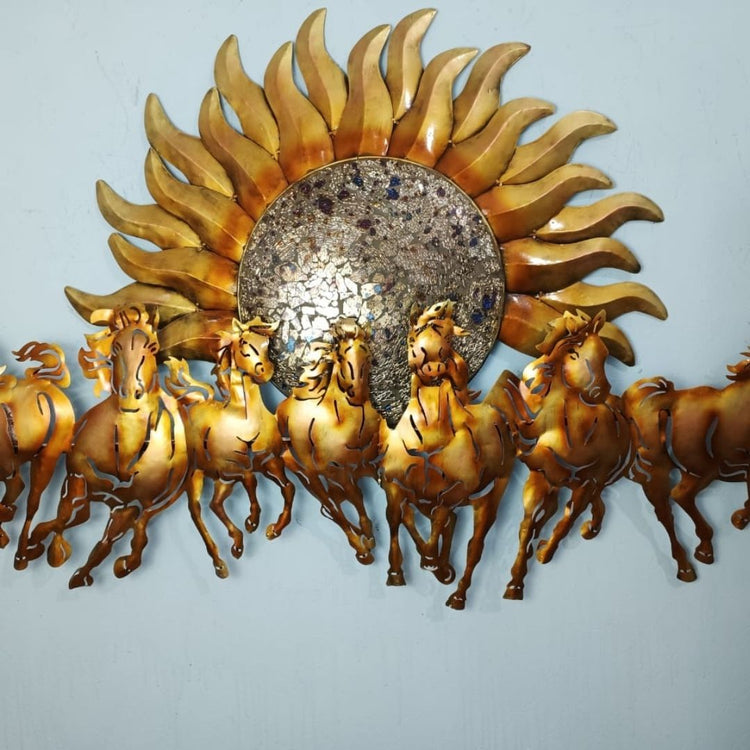 Beautifully crafted from premium-quality iron metal, this exquisite metal wall art features an elegant design of 7 horses with a sun in the center. This eye-catching piece is sure to bring a unique, stylish touch to any wall. Experience the beauty and power of 7 horses galloping in the sun with our stunning wall art. Crafted with anti-rust powder coating, this piece of art will remain vibrant and beautiful for years to come. Enjoy 42 x 27 inches of majestic elegance in your home