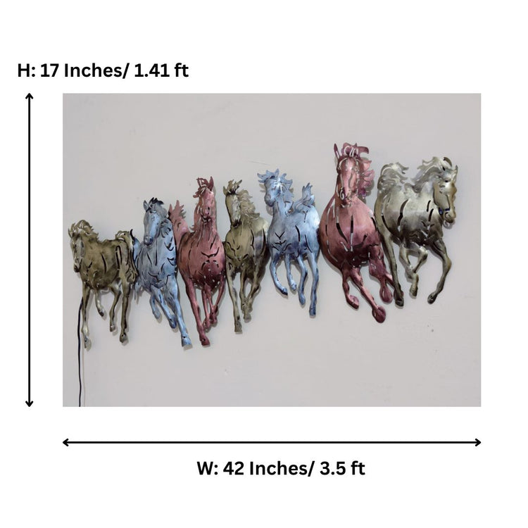 Metal Wall Decor by Hansart Total Wall Coverage Area: 42 x 17 Inches Made Of Mild Steel, Powder Coated Decorated by Spray and Handbrush paint Hanging Mechanism included Horse wall decor with led lighting Perfect for your living room, bedroom, hall, office reception, guest room, and hotel reception The product is packed by professionals for safe delivery Designed to make your home look complete "Hansart Made In India because India itself is an art".