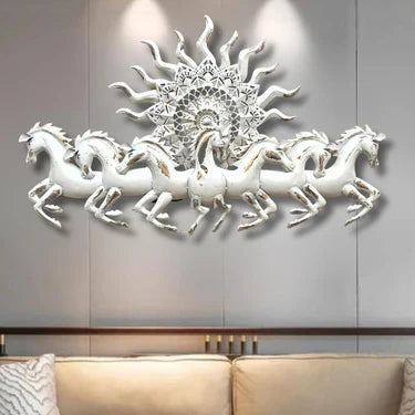 Bring Motion Light to Your Décor: White 7-Horse in Sun Metal Wall Art