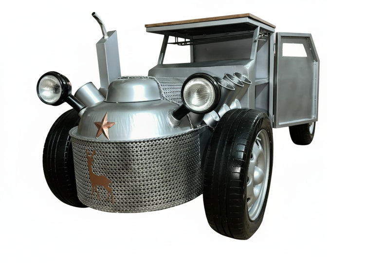Metallic toy car with vintage design on a white background