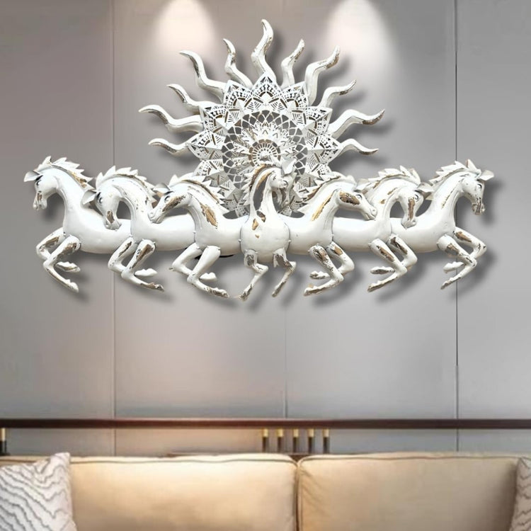 This Designer White metal wall art features a stunning depiction of 7 galloping horses against a warm sun backdrop. At 48 x 28 inches, it is sure to make a statement in any room. The integrated LED lights add a touch of modernity and ambiance. Perfect for any equestrian enthusiast.  Size: 48 x 28 Inches.  Made of High-Quality Iron Metal Anti-rust powder coating used for long lasting finish Hanging Mechanism included Horse wall decor with led lighting Perfect for your living room, bedroom, hall, office recep