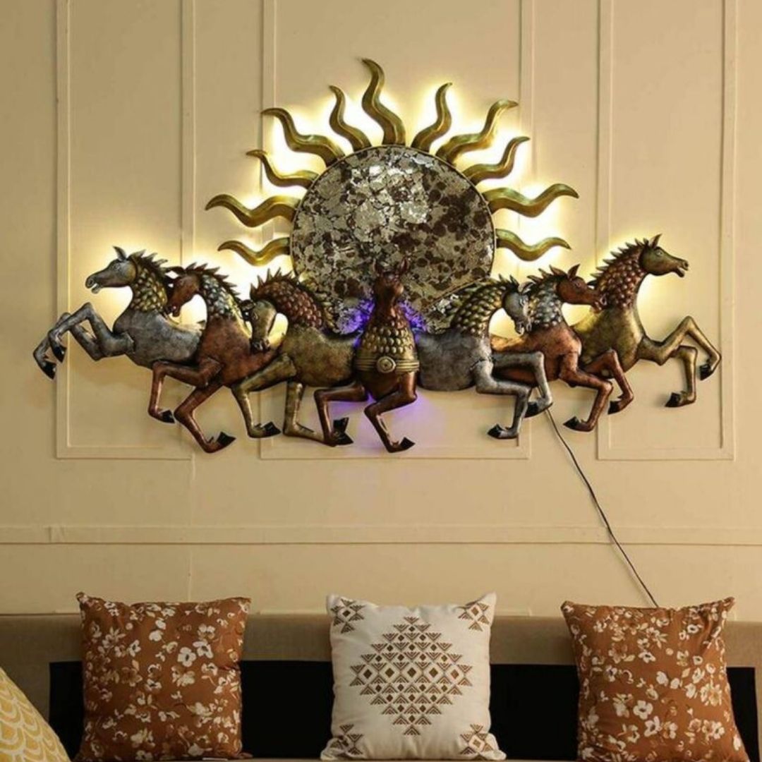 This 7 Horses with Sun Metal Wall Art by Hansart is a beautiful, eye-catching piece of metal décor that will transform any room. Made of High-Quality Iron Metal Anti-rust powder coating used for long lasting finish Hanging Mechanism included Horse wall decor with led lighting Perfect for your living room, bedroom, hall, office reception, guest room, and hotel reception The product is packed by professionals for safe delivery Designed to make your home look complete Total Wall Coverage Area:  36 x 20 Inches