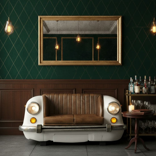 Vintage White Car Sofa Brown Leather Tufted Auto Art Seat