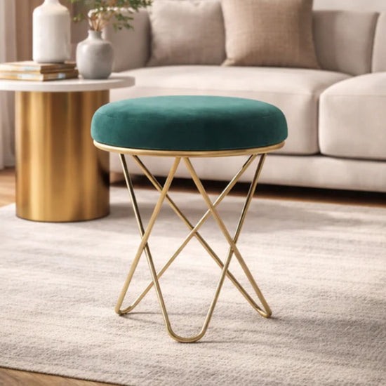 Elegant 45cm Emerald Ottoman - Velvet Padded Stool with Gold Base