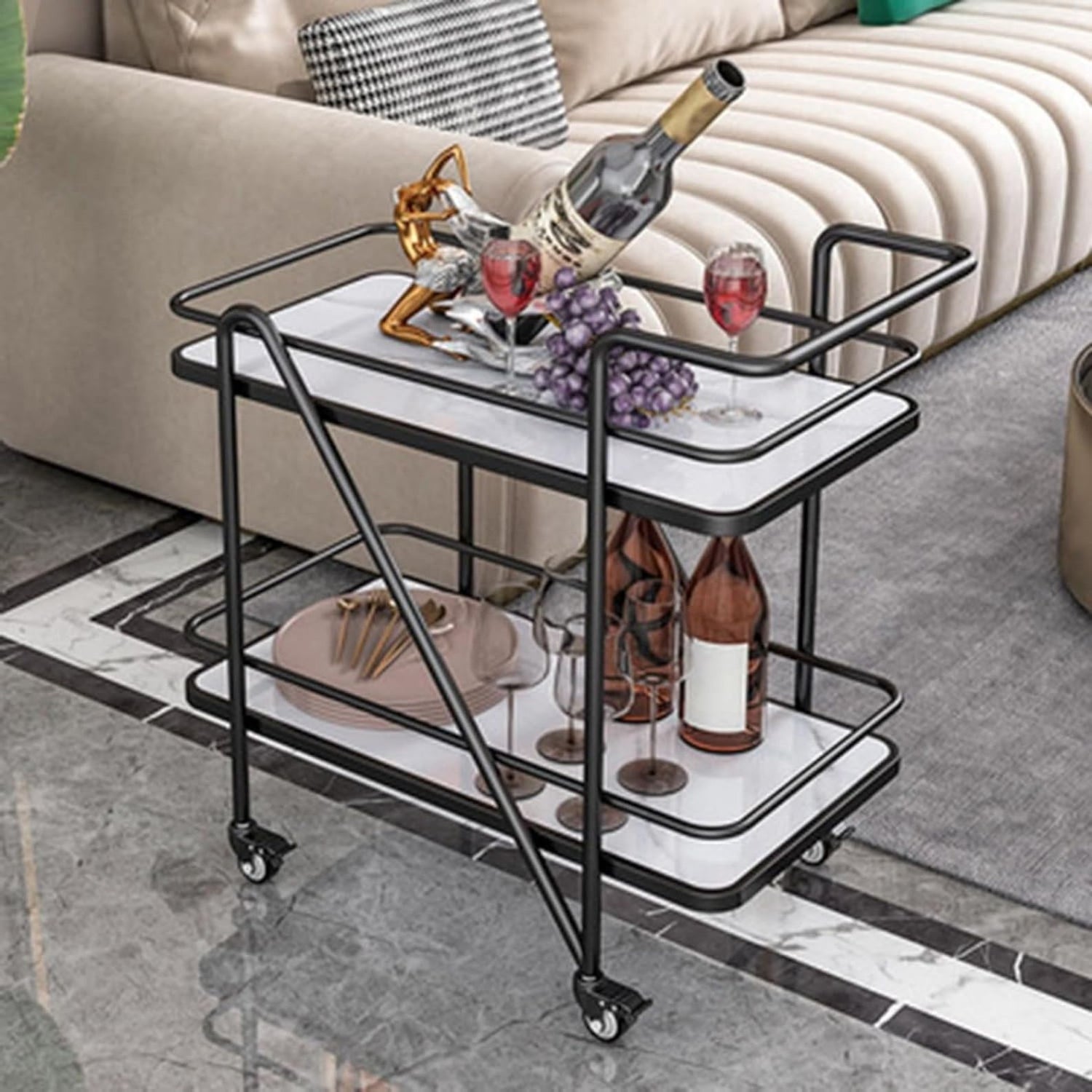 Modern Black Bar Cart with 2-Tier White Top