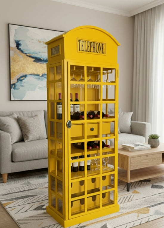 Antique Yellow Telephone Booth Bar Cabinet & Wine Holder