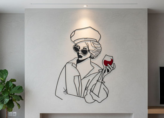 Stylish Woman Drinking Wine Metal Wall Art for Bar