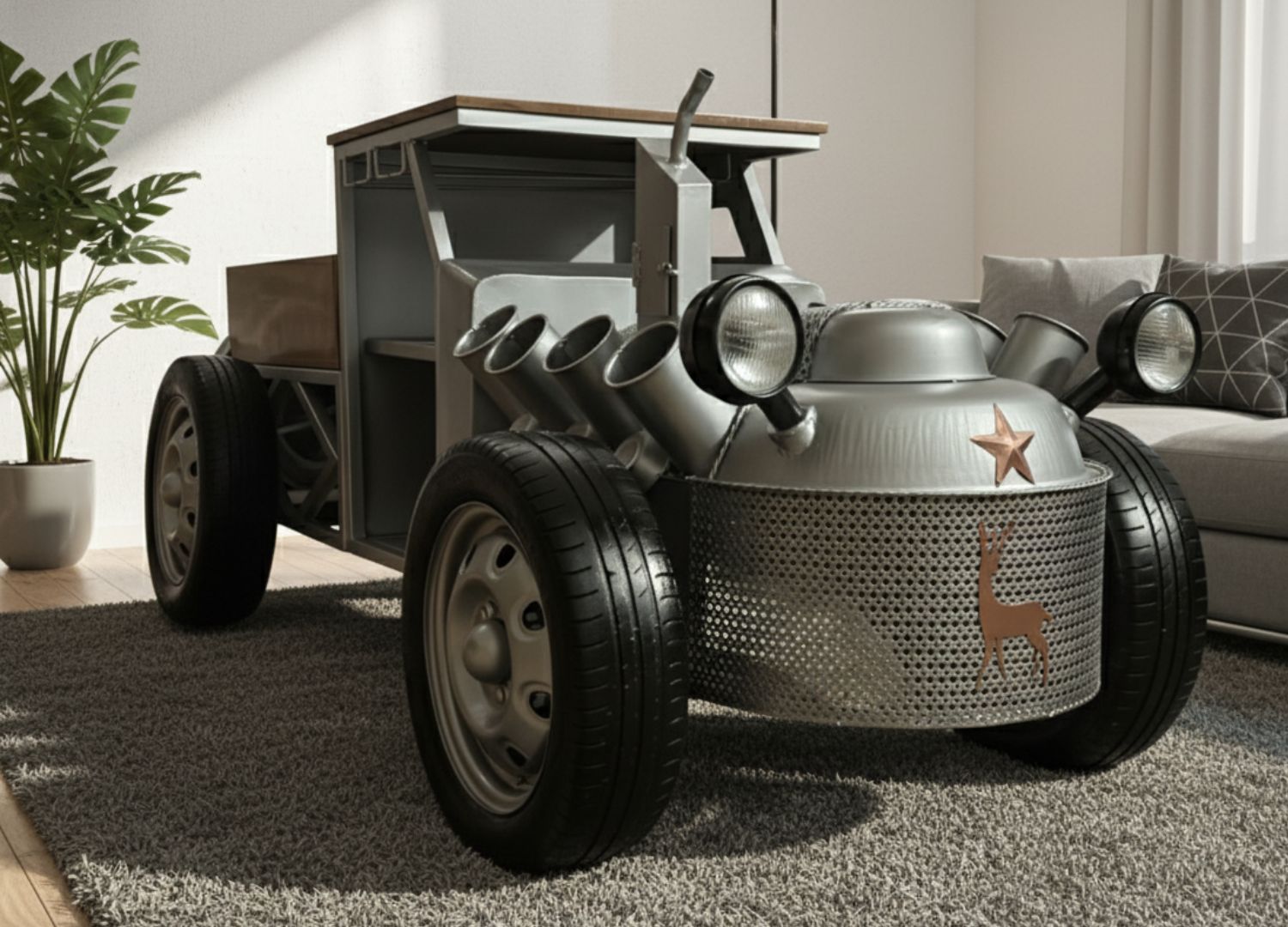 Metallic car with star and deer design on a carpeted floor.