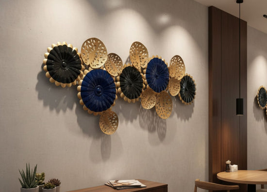 Luxury Black Blue Gold Circular Metal Wall Sculpture