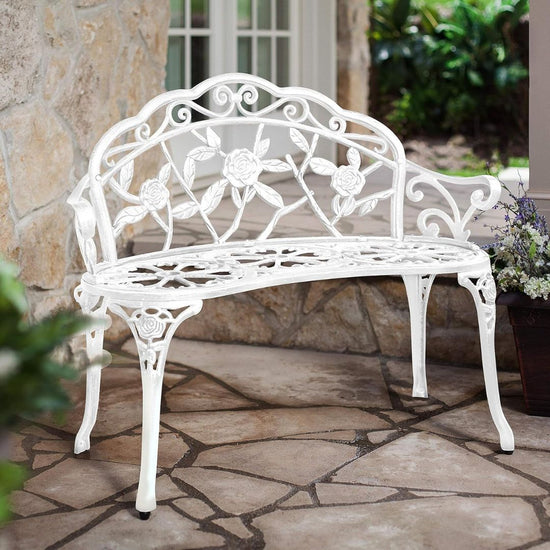 Elegant White Cast Iron Garden Bench with Floral Backrest Design, HANSART, Enhance the charm of your garden or patio with this Elegant Cast Iron Garden Bench. Featuring a beautifully detailed floral backrest, this bench combines classic design with sturdy construction, making it the perfect addition to any outdoor space. Its gracefully curved armrests and legs offer both comfort and timeless elegance, inviting you to relax and enjoy nature. Ideal for gardens, patios, porches, or balconies, this bench serves