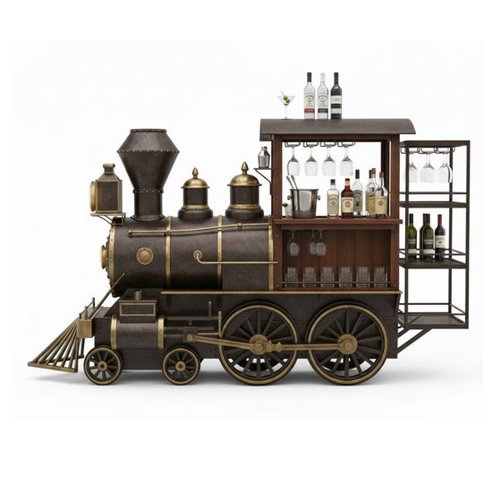 Vintage-style train-themed bar cart with bottles and glasses on a white background