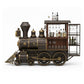 Vintage-style train-themed bar cart with bottles and glasses on a white background