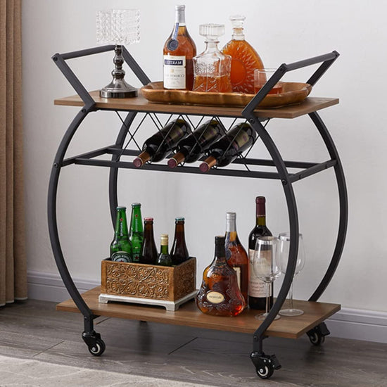 Industrial Round Rolling Bar Cart with Wine Rack & Two Shelves