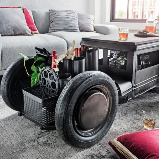Industrial Metal Tire Wheels Coffee Table – Steampunk Salvage Living Room Centerpiece