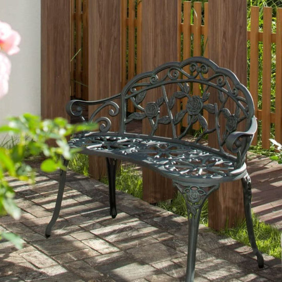 Elegant Cast Iron Garden Bench with Floral Backrest Design, HANSART, Enhance the charm of your garden or patio with this Elegant Cast Iron Garden Bench. Featuring a beautifully detailed floral backrest, this bench combines classic design with sturdy construction, making it the perfect addition to any outdoor space. Its gracefully curved armrests and legs offer both comfort and timeless elegance, inviting you to relax and enjoy nature. Ideal for gardens, patios, porches, or balconies, this bench serves as bo