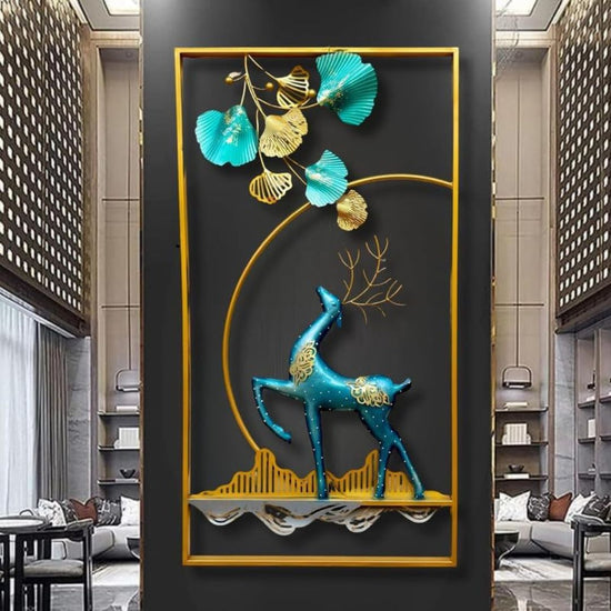 Decorative wall art with a blue deer and colorful leaves in a modern interior setting.