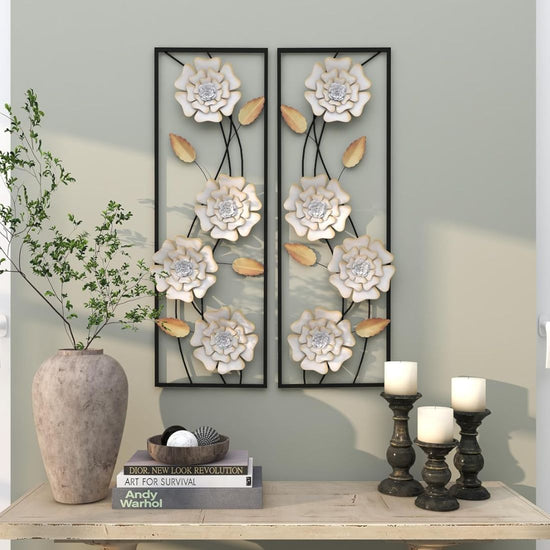 Set of 2 White Blooming Beauty Frames Nature Metal Wall Art (12 x 36 Inches)