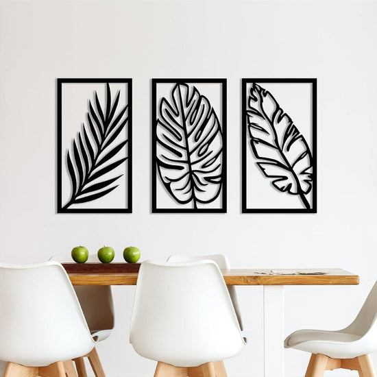 Calming Leaf Set of 3 Black Frame Metal Wall Art, Tropical Palm Leaf Wall Decor for Living Room, Bedroom, or Office