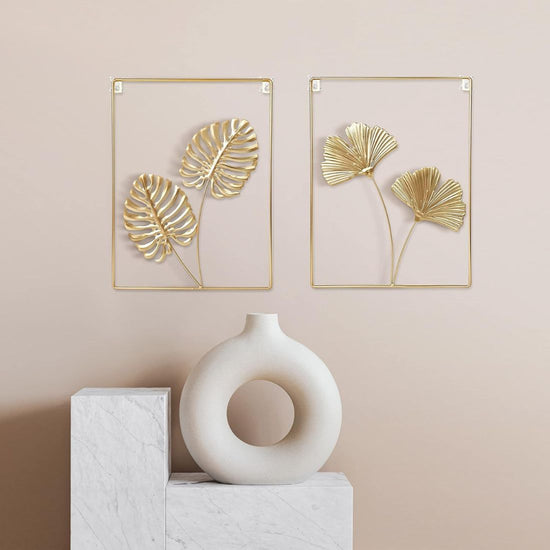 Set of 2 Golden Leaves Frames Metal Wall Art