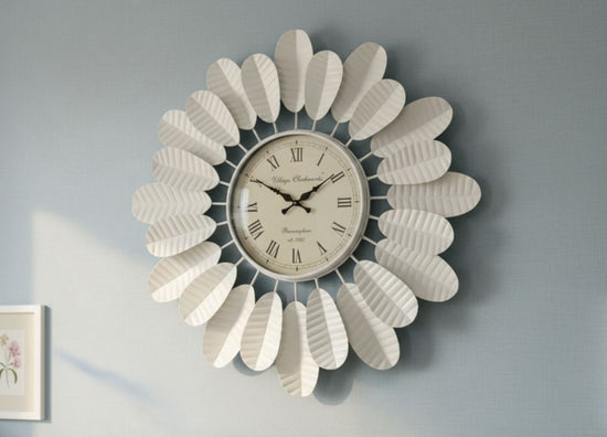 Large White Metal Floral Wall Clock Roman Numerals Decor