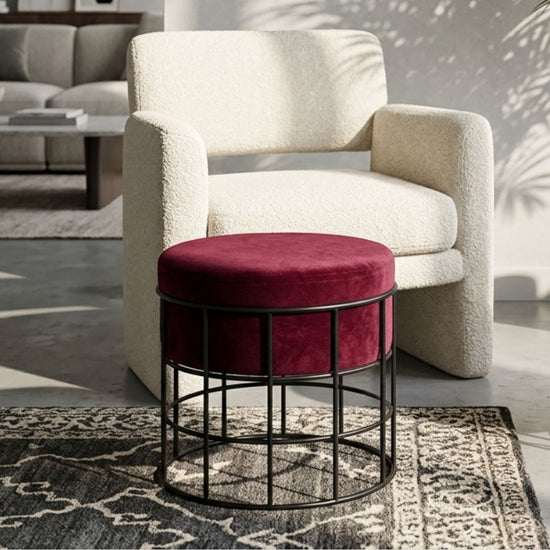 Modern Maroon Velvet Round Ottoman - 35cm Industrial Metal Stool