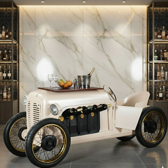 Pearl White Vintage Race Car Wine Bar Cabinet
