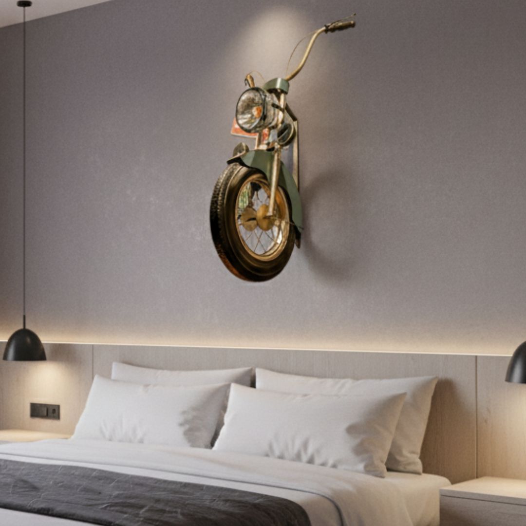 Decorative motorcycle wall art fixture above a bed in a bedroom.