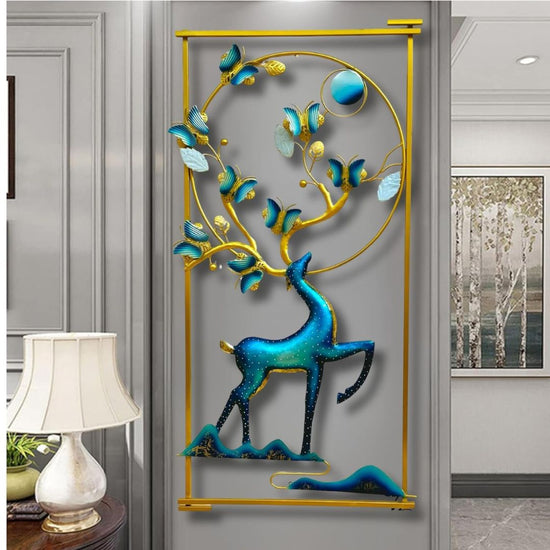Modern Blue-Gold Deer Metal Wall Art With Led