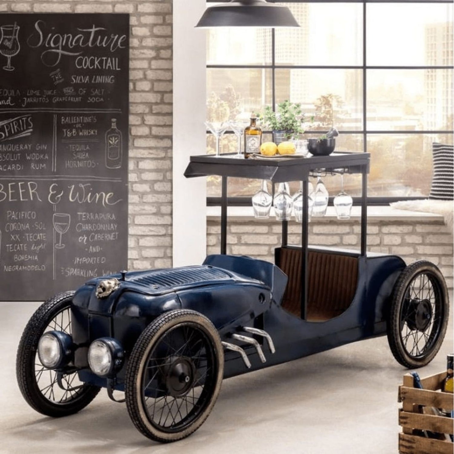 Vintage-style car interior with a bar setup in a modern room.