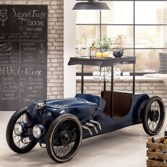Vintage-style car interior with a bar setup in a modern room.