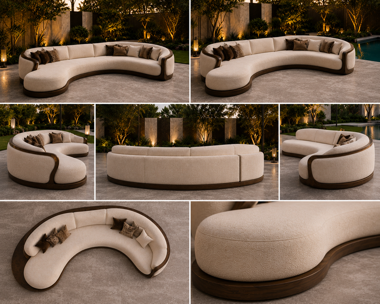 Collage of a modern outdoor sofa with brown accents in various angles.