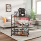 Bar cart with coffee machine, wine bottles, and glasses in a living room setting.