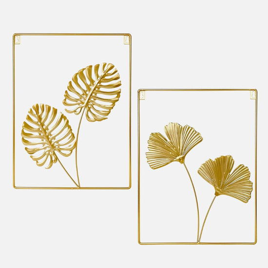 Set of 2 Golden Leaves Frames Metal Wall Art