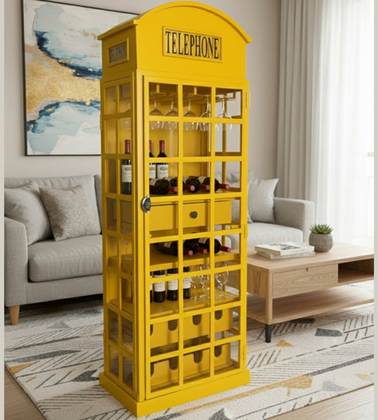 Antique Yellow Telephone Booth Bar Cabinet & Wine Holder