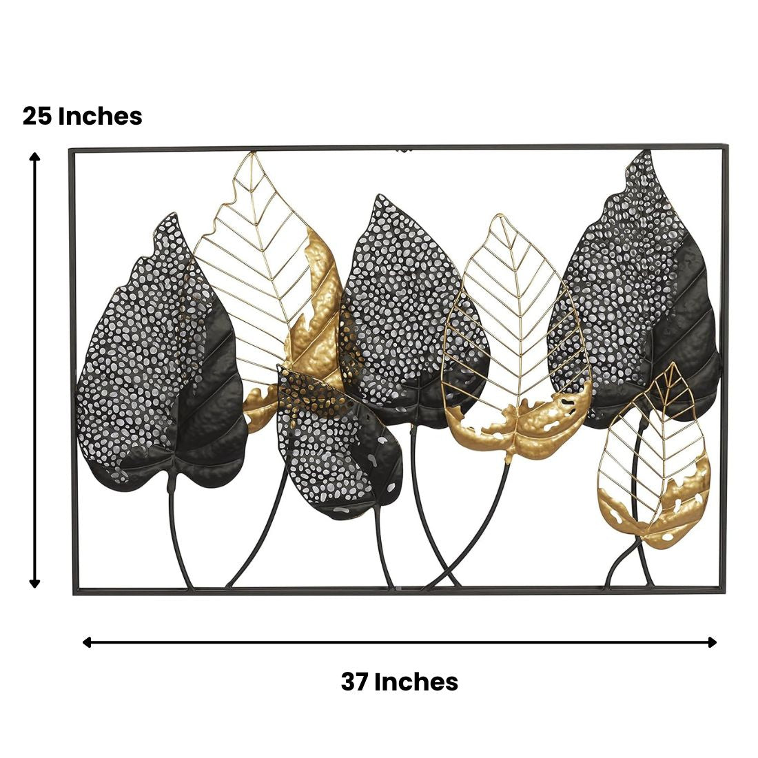 Add a touch of luxury and serenity to your space with this stunning black and gold double frame metal wall art, featuring intricate leaf accents. The sleek black frame is beautifully complemented by golden leaves, creating a striking contrast that adds depth and visual interest. Perfect for bringing a sense of sophistication and calm to any room. Details: - Size: 37 x 25 inches (94 x 63 cm) - Material: Metal