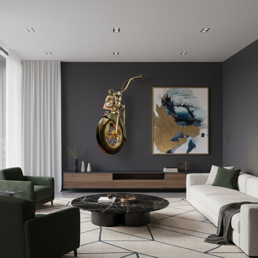 Modern living room with a motorcycle sculpture on the wall and abstract art.
