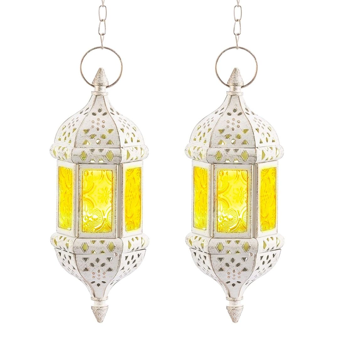 Vintage Hanging Moroccan Lanterns - White Metal Candle Holders (Set of 2)-Hansart-Hansart, Enhance your home decor with these elegant Vintage Hanging Moroccan Lanterns. Featuring an intricately carved white metal frame and embossed glass panels, these lanterns bring a touch of exotic charm and ambient lighting to any space. Perfect for holding tea light or LED candles, they are ideal for hanging indoors or outdoors, creating a warm and inviting atmosphere for weddings, parties, or everyday decor. Exquisite 