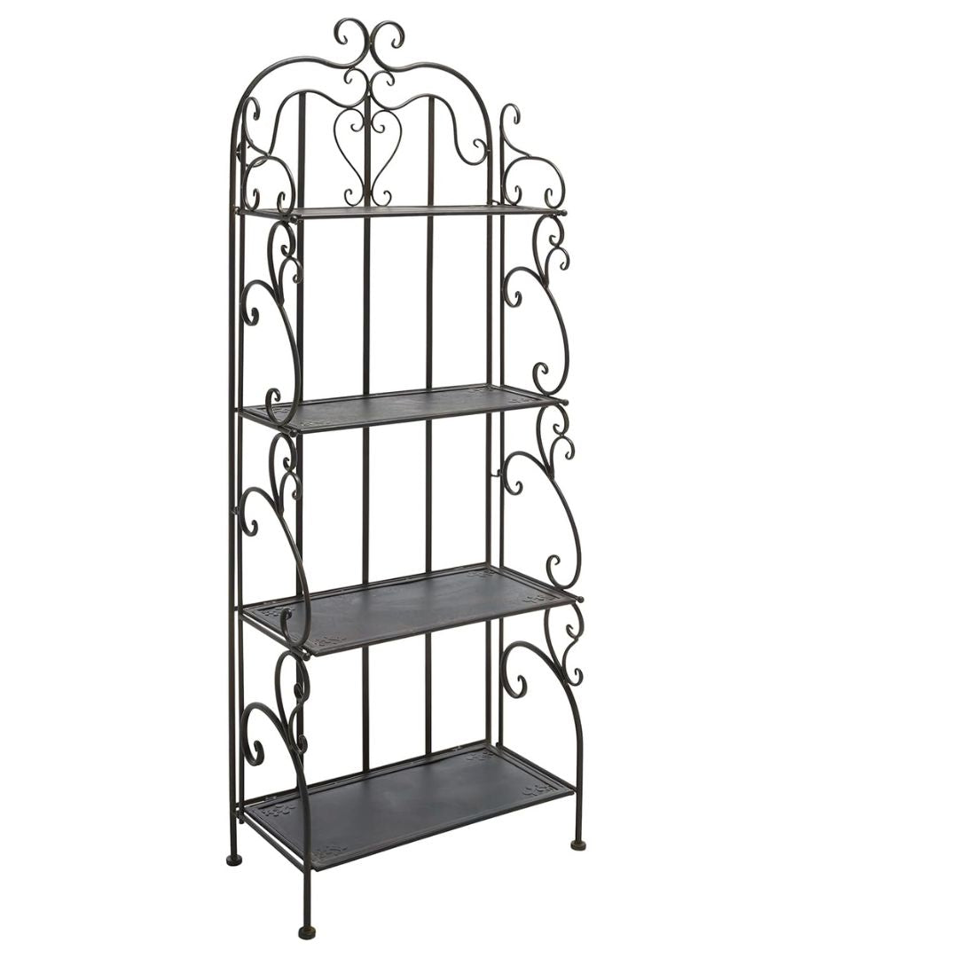 Vintage Black Metal 4-Tier Scrollwork Baker’s Rack, HANSART, Add timeless charm and versatile storage to your home or garden with this Vintage Black Metal 4-Tier Scrollwork Baker’s Rack. Crafted from durable wrought iron with a classic black finish, this freestanding shelving unit showcases intricate scrollwork and a heart-shaped accent that brings an elegant touch to any space. With four spacious shelves, it’s perfect for displaying plants, decorative accents, kitchenware, or garden tools. Its open design 