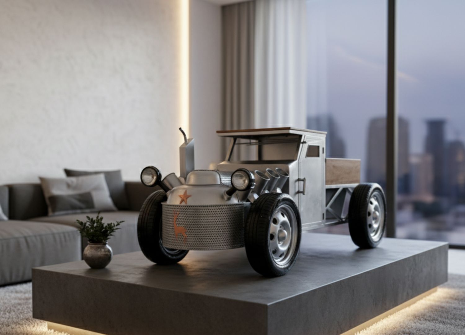 bar table on a platform in a modern living room with cityscape view
