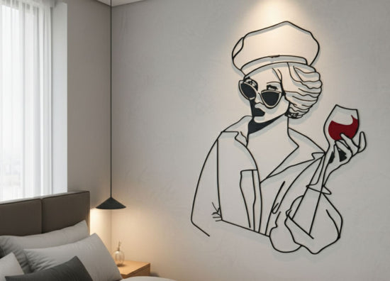 Stylish Woman Drinking Wine Metal Wall Art for Bar