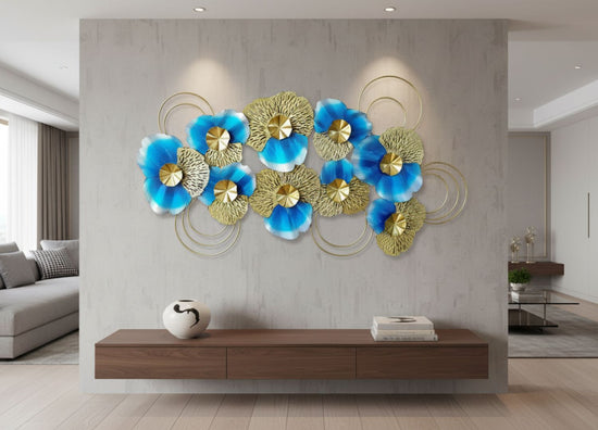 52 Inches Large Blue Gold Metal Floral Wall Art 3D Luxury Decor