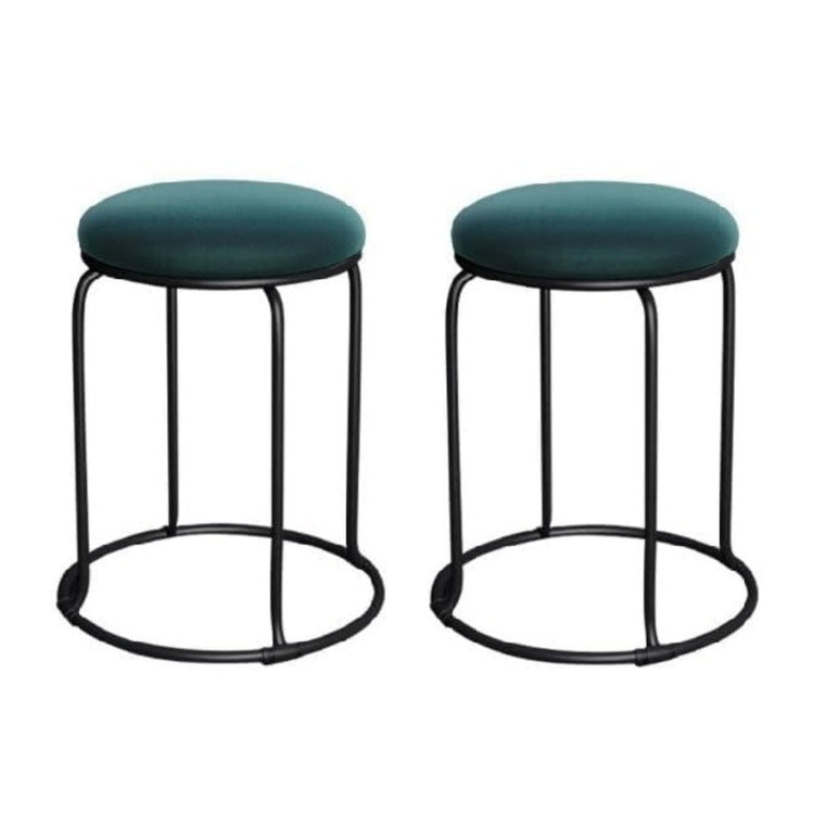 Two teal bar stools with black metal frames on a white background