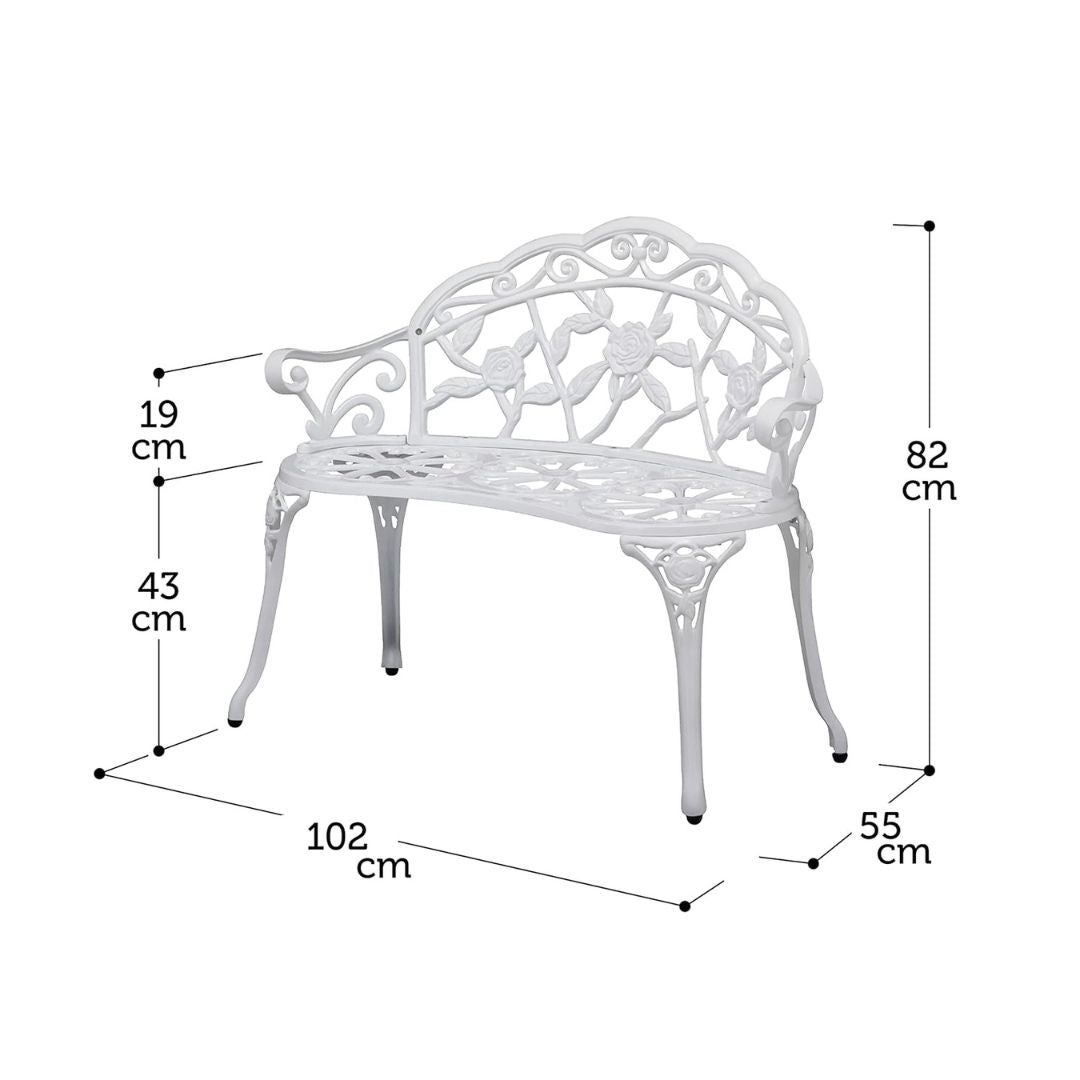 Elegant White Cast Iron Garden Bench with Floral Backrest Design, HANSART, Enhance the charm of your garden or patio with this Elegant Cast Iron Garden Bench. Featuring a beautifully detailed floral backrest, this bench combines classic design with sturdy construction, making it the perfect addition to any outdoor space. Its gracefully curved armrests and legs offer both comfort and timeless elegance, inviting you to relax and enjoy nature. Ideal for gardens, patios, porches, or balconies, this bench serves