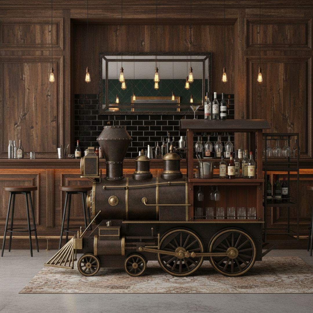 Vintage-style bar cart designed like a steam locomotive in a rustic bar setting.